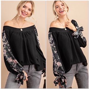 Black Thermal Satin Floral Sleeve Top